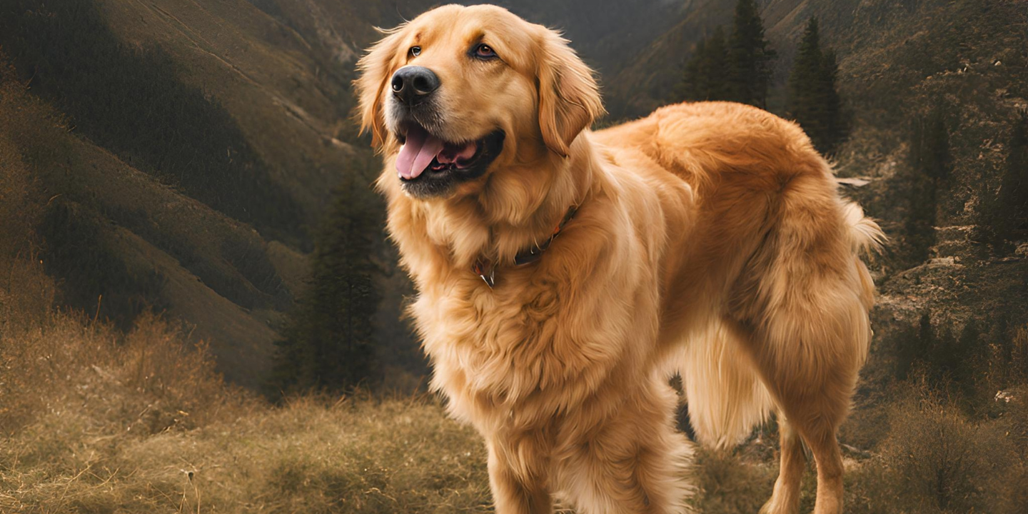 This image shows a large, Golden Mountain Dog standing on a rocky hillside with a view of mountains and trees in the background. The dog has a wagging tail and is looking intently into the distance.