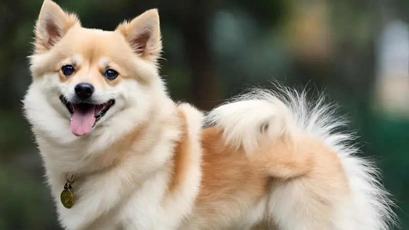 This is a small, fluffy Indian Spitz Dog with a happy expression on its face, standing in a grassy area with trees in the background. The dog has a long, shaggy coat that is light brown in color, with a white chest and paws. Its tongue is hanging out of its mouth, and it is looking directly at the camera with a playful expression.