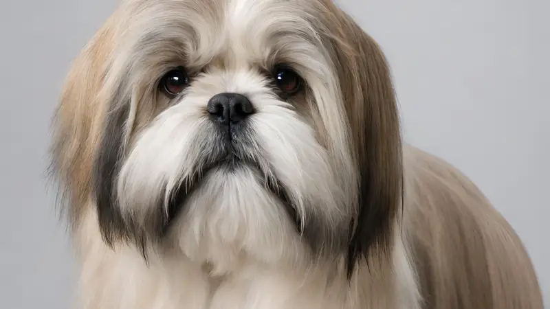This is a small, shaggy Lhasa Apso dog with long, shaggy fur and a fluffy tail. The dog's fur is a mix of white, brown, and black. The dog is looking directly at the camera with a serious expression. The background is a light gray.