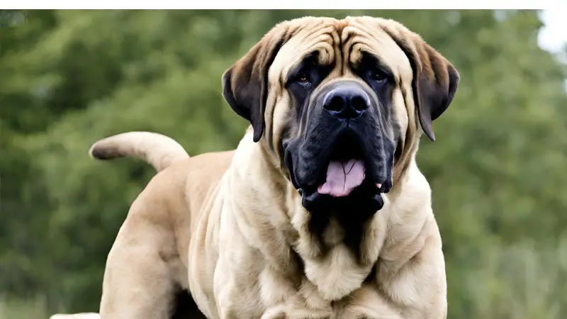 This is a large, brown North American Mastiff dog with a long snout and floppy ears. It has a pink tongue hanging out of its mouth and its eyes are closed. The dog is standing in a grassy field with trees in the background.
