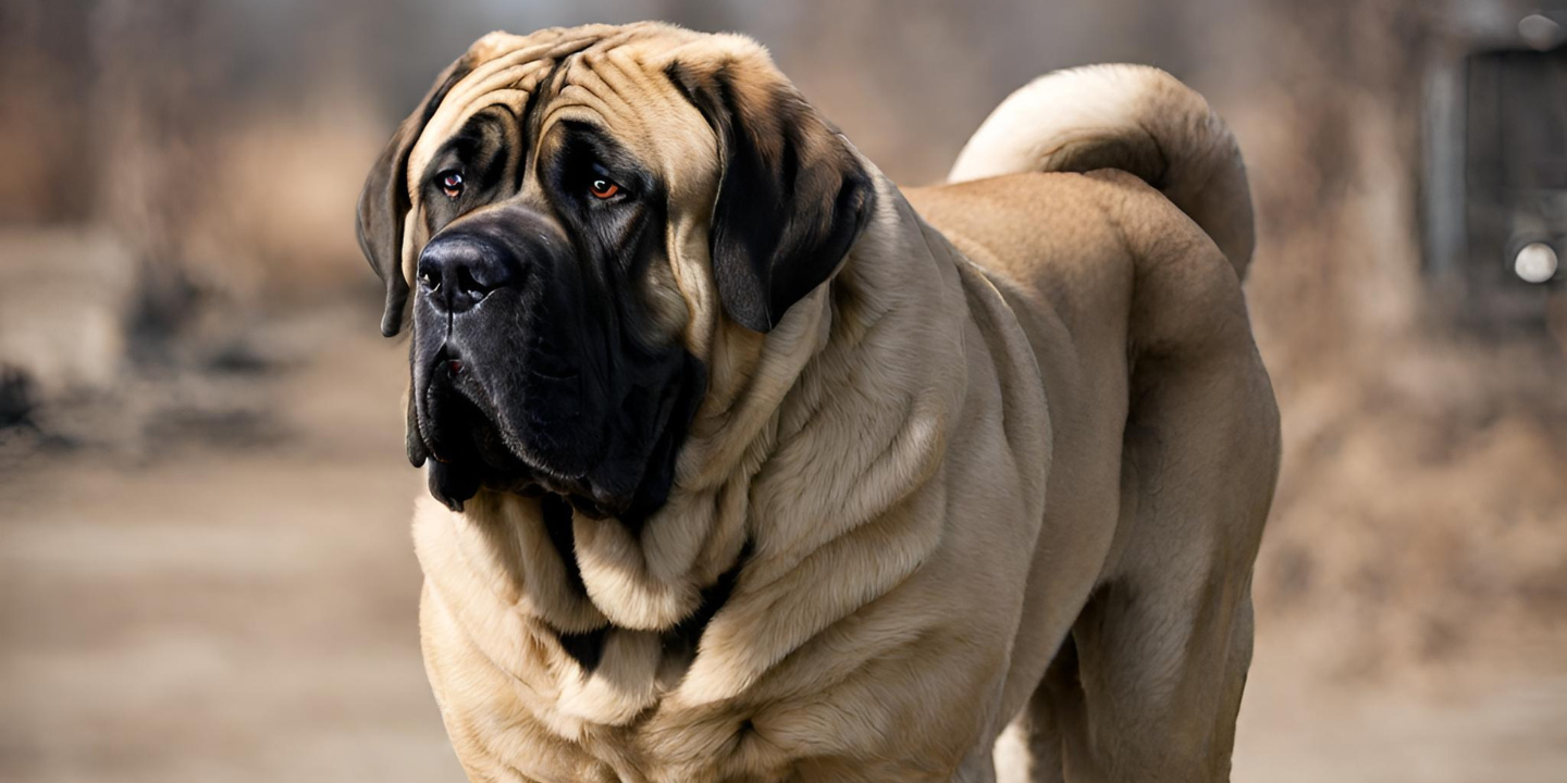 This is a large North American Mastiff dog standing on a dirt road with its head tilted to the side, looking off into the distance. It has a black nose and dark brown fur with a lighter brown muzzle. Its eyes are brown and its ears are floppy. It has a large, muscular body and a long tail that is tucked under its body.
