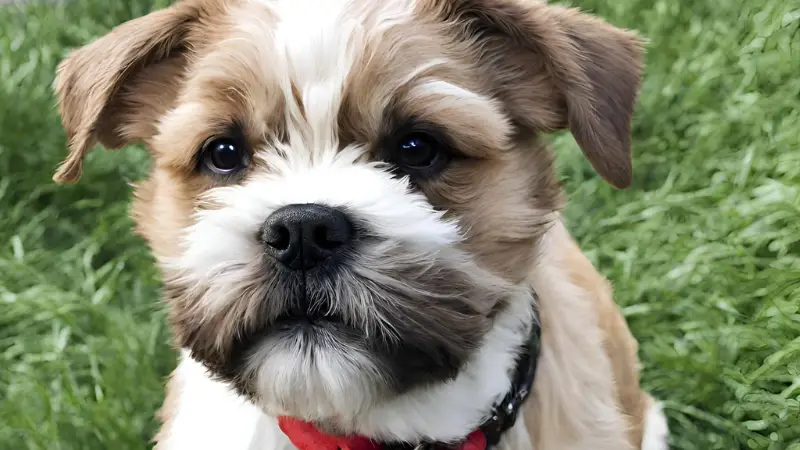 This is a small brown and white Pitbull Mix Shih Tzu dog with a red collar sitting in a field of green grass. The dog has a curious expression and is looking directly at the camera.