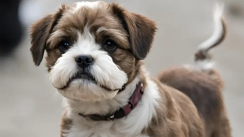 This is a small brown and white dog Pitbull Mix Shih Tzu with a fluffy coat and a wagging tail. The dog is wearing a red collar and is looking off to the side.