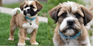 The image shows a small brown and white dog Pitbull Mix Shih Tzu with a blue collar on its neck, standing in a grassy area with its head tilted to the side.