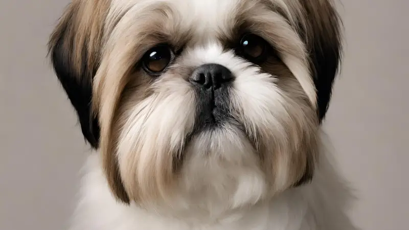 This is a small, fluffy white and brown dog with a black nose and brown eyes. The dog has a shih tzu breed and is wearing a collar with a bell on it. The dog is looking directly at the camera with a curious expression.