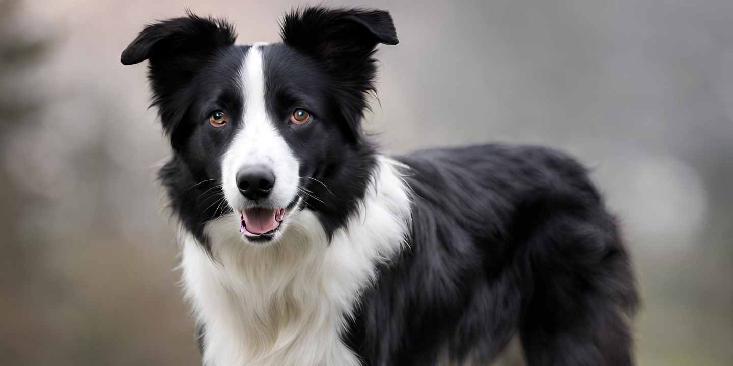 This is a black and white Short Haired Border Collie dog standing in a field with its mouth open and tongue out. It has a fluffy coat and a wagging tail. The background is a blur of green and brown.