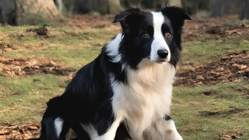 This is a black and white Short Haired Border Collie dog sitting in a forest clearing surrounded by trees and fallen leaves. The dog has a black and white coat with a long snout and floppy ears. It is staring intently at something off camera.