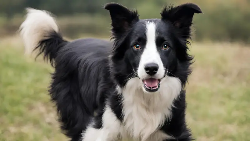 This is a black and white border collie dog standing in a field of tall grass. The dog is wearing a collar and is looking directly at the camera with a happy expression on its face. The background is filled with green grass and trees.
