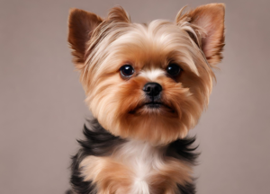 This image shows a small, fluffy dog with short, black and brown fur and a pink nose. The dog is wearing a pink collar and is sitting on a gray background.