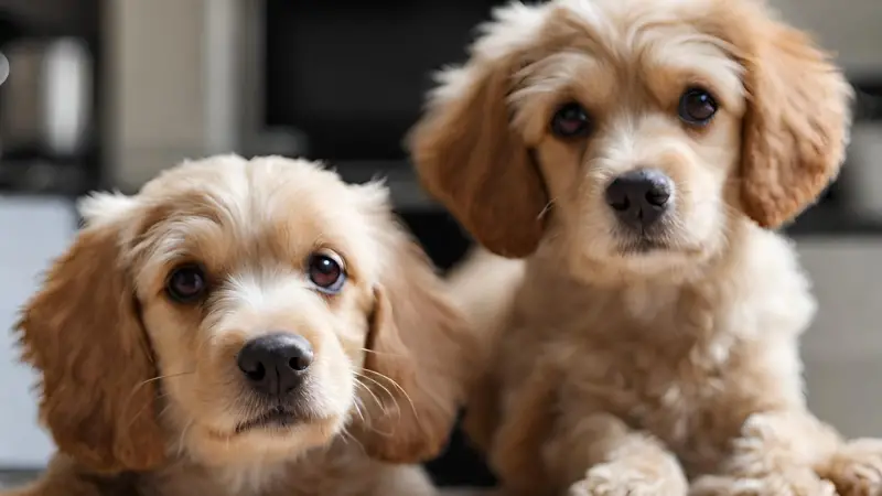 Two adorable puppies Snickerdoodle sitting on a wooden table, looking at the camera with their big brown eyes and wagging tails. They are both Snickerdoodle with fluffy fur and playful expressions. The background is a modern kitchen with stainless steel appliances and white cabinets.