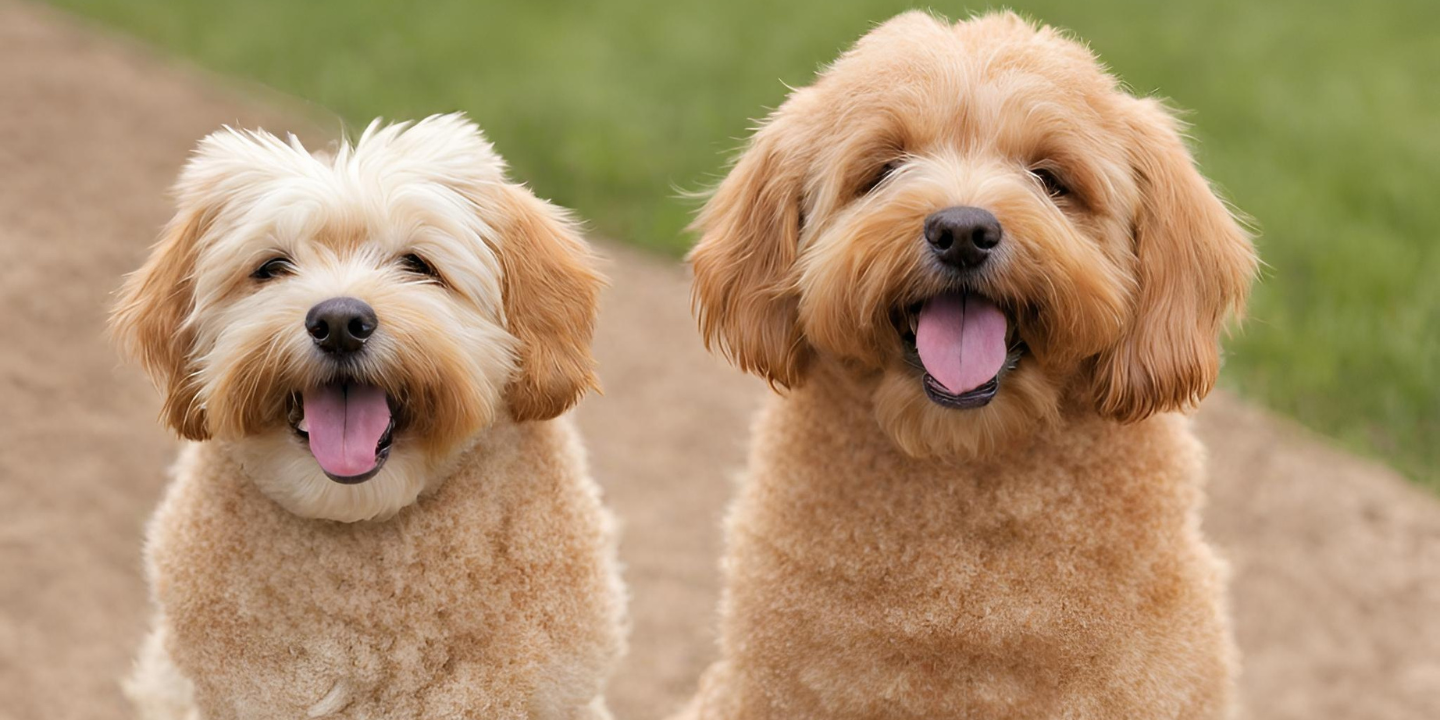 Two cute Snickerdoodle puppies sitting on a dirt path in a park. One is wearing a pink collar and the other is wearing a red collar. They are both looking at the camera with their tongues out.