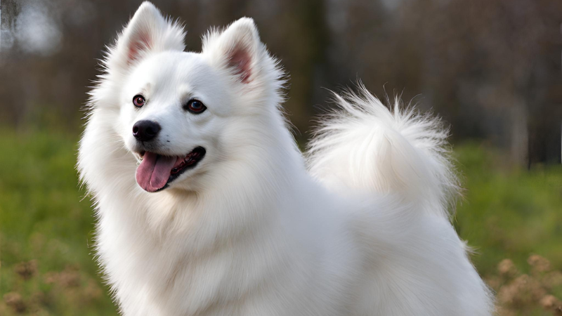 This American Eskimo Dog standing in a field with its tongue out. The dog has a fluffy coat and a wagging tail. The background is a mix of green grass and trees.