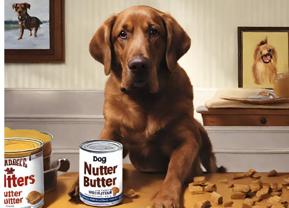This image shows a large brown dog sitting in front of a table with a Nutter Butter. The dog has a happy expression on its face and is looking directly at the camera.