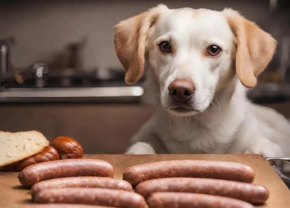 The dog looks at Blood Sausage photo