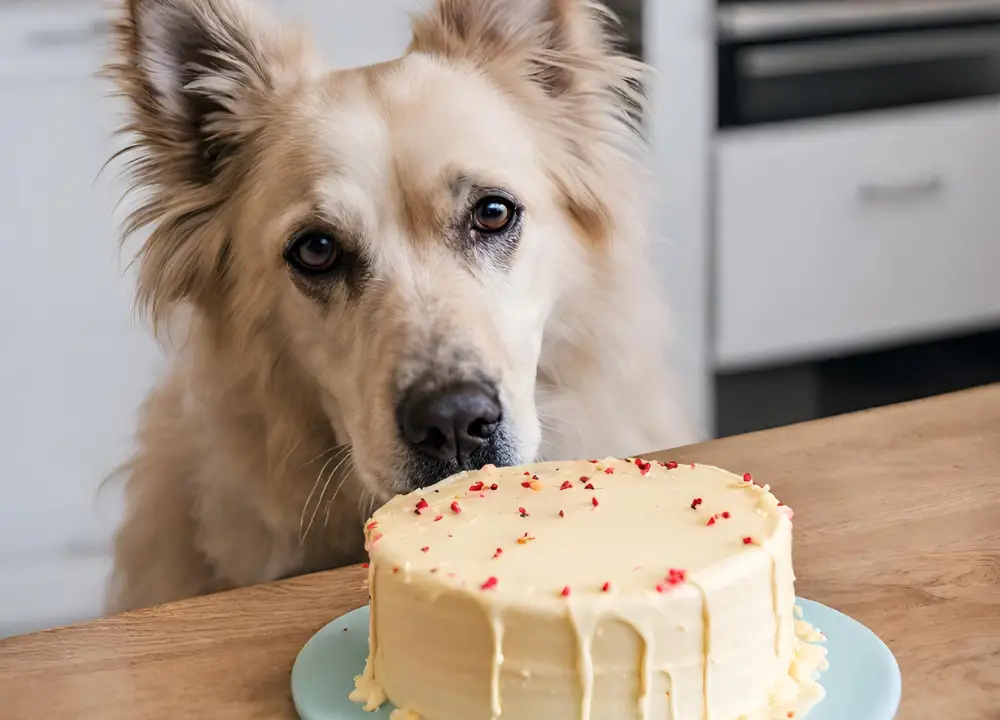 The dog looks at Cake Frosting photo