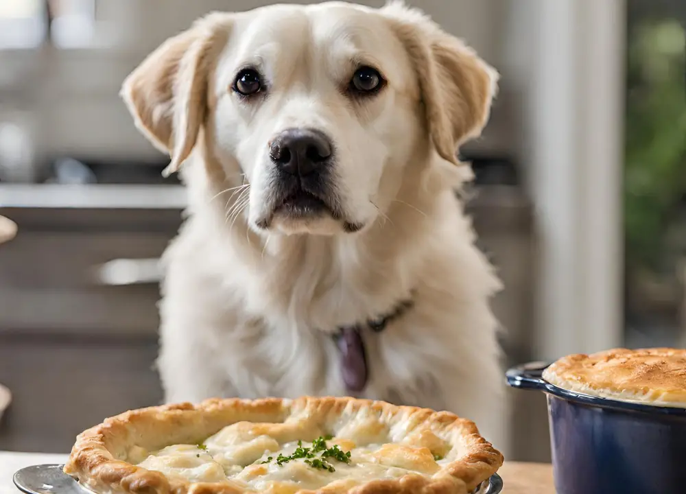 The dog looks at Chicken Pot Pie photo