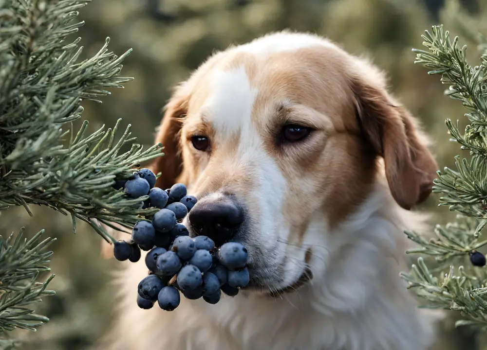 The dog looks at Juniper Berries