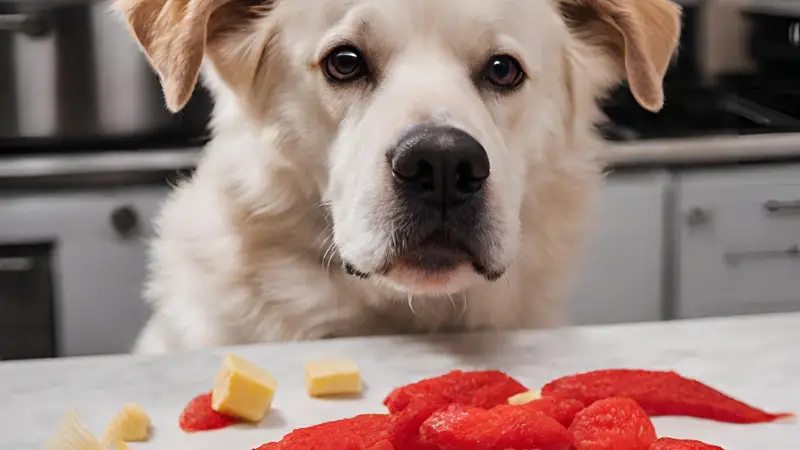 The dog looks at the cooked Swedish Fish photo 3
