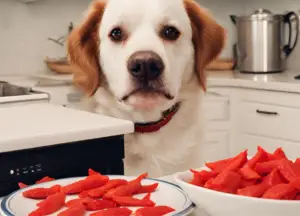 The dog looks at the cooked Swedish Fish photo