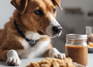 The dog looks at the food PB2 photo