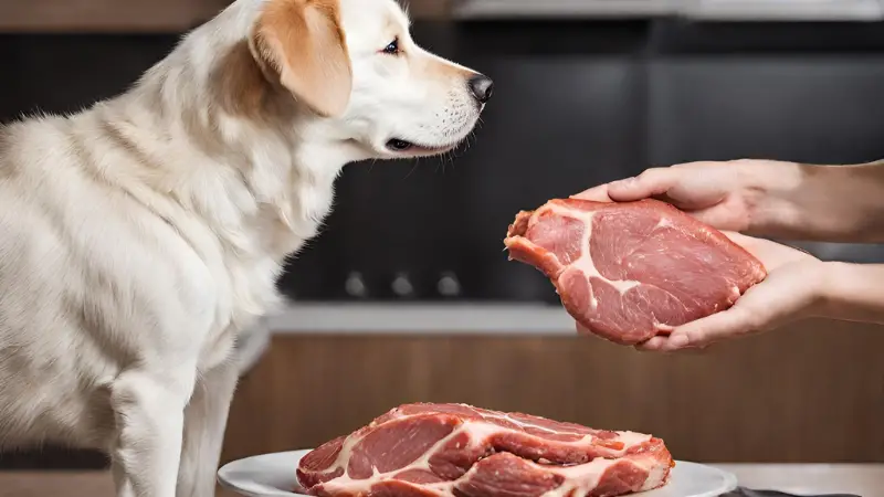 The dog looks at the veal meat photo 2
