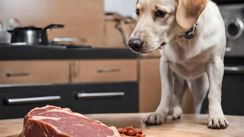 The dog looks at the veal meat photo 3