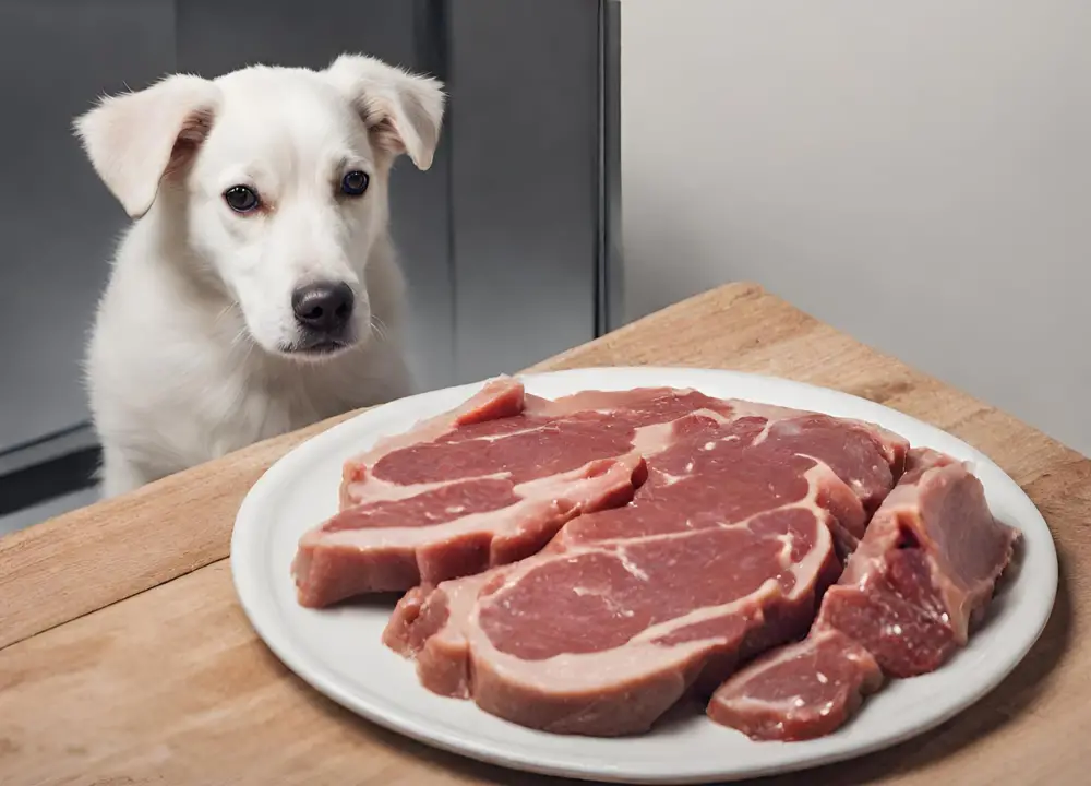 The dog looks at the veal meat photo
