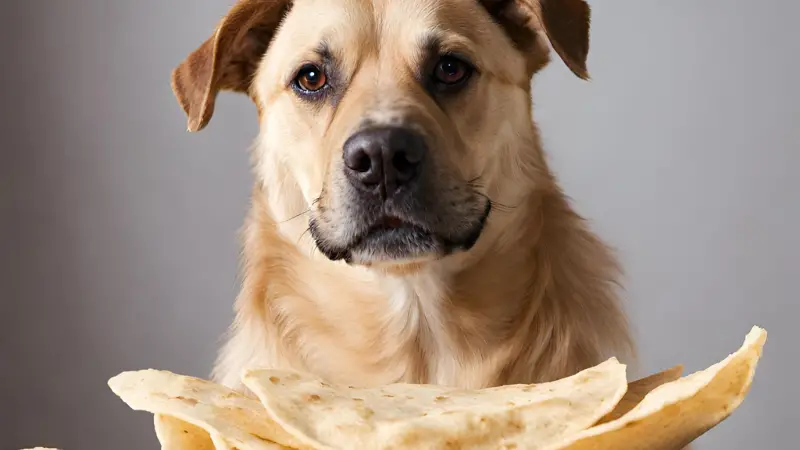 This image shows a large brown dog sitting in front of a pile of tortilla . The dog has a happy expression on its face and is looking directly at the camera. The background is a light gray color.