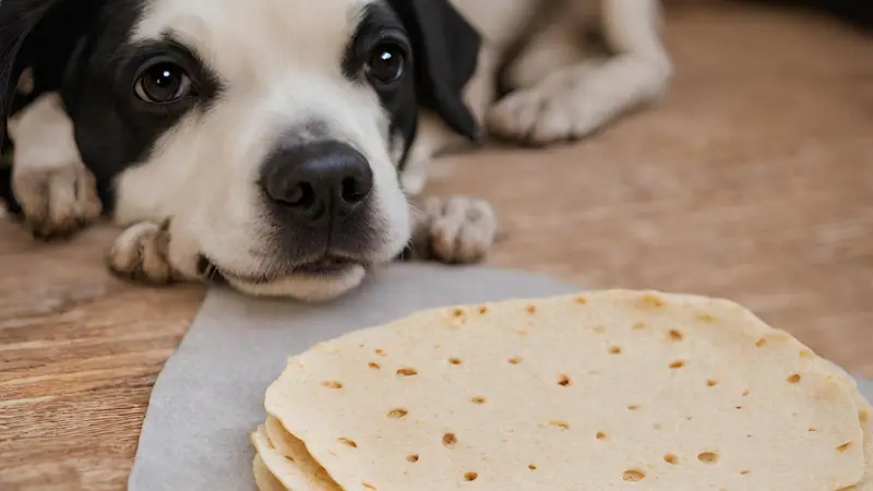 This image shows a black and white dog laying on a wooden table with a piece of tortilla in front of it. The dog's ears are perked up and it appears to be looking at the tortilla with interest. The image is well lit and the dog is in focus.