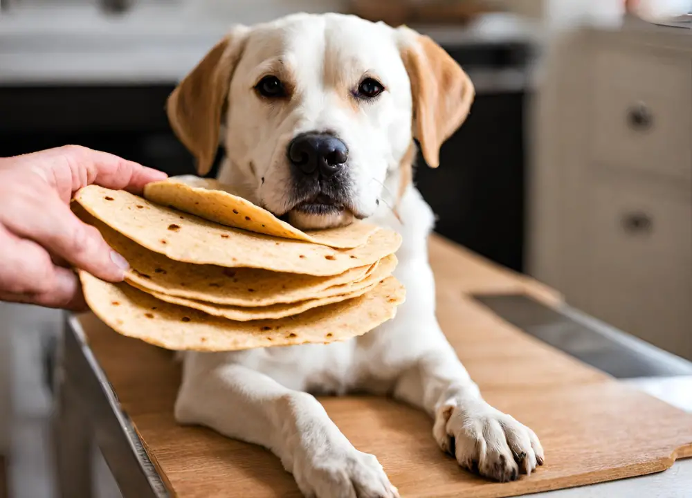 This image shows a person holding a stack of tortillas on a wooden cutting board in front of them. The person is wearing a white shirt and has a brown dog sitting next to them. The dog is looking up at the person with a curious expression. The tortillas are stacked neatly on top of each other, with some of them slightly overlapping. The person is holding the stack with their right hand, while their left hand is resting on the edge of the cutting board. The lighting in the image is bright, with some shadows cast on the wall behind the person and dog.