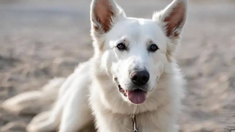This is a white German Shepherd dog laying on the sand. It has a black nose and brown eyes. Its ears are standing up and it is looking at the camera with a curious expression. The background is a sandy beach with some rocks and plants.