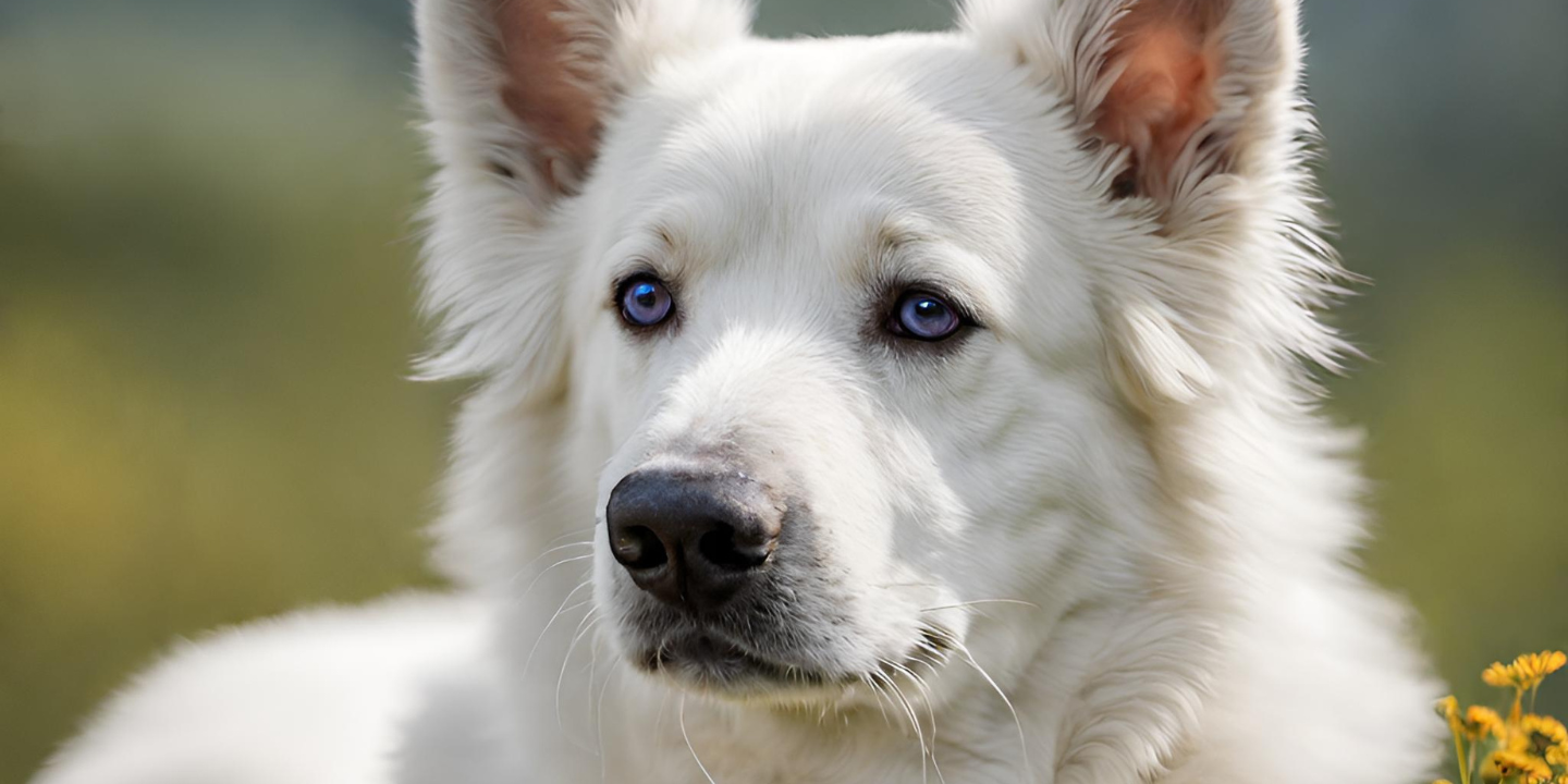 This is a close up shot of a White Swiss Shepherd Dog with blue eyes looking straight into the camera. The dog has a fluffy coat and is wearing a collar with a tag on it. The background is a field with yellow flowers.