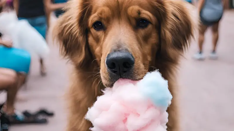 This image shows a brown dog with a pink tongue eating cotton candy. The dog has a happy expression on its face and is surrounded by a crowd of people.