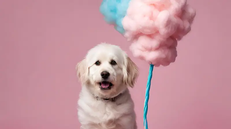 This image shows a small white dog sitting on a pink background with a blue and pink cloud shaped like a heart in the background. The dog is wearing a pink collar and is looking at the camera with a happy expression. The image is well lit and has a soft focus.