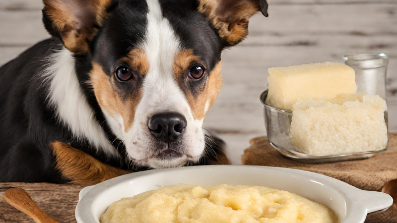 This image shows a dog sitting at a table with a bowl grits. The dog is looking at the camera with a happy expression on its face. There is a wooden spoon in the bowl of  grits, and a piece of cheese on the side. The background is a wooden table with a white cloth on it.