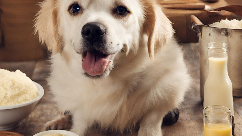 This image shows a dog sitting in front of a table with various food items on it, including milk, cheese, and bread. The dog is looking directly at the camera with a happy expression on its face. The background is a wooden table with various utensils and ingredients scattered around it.