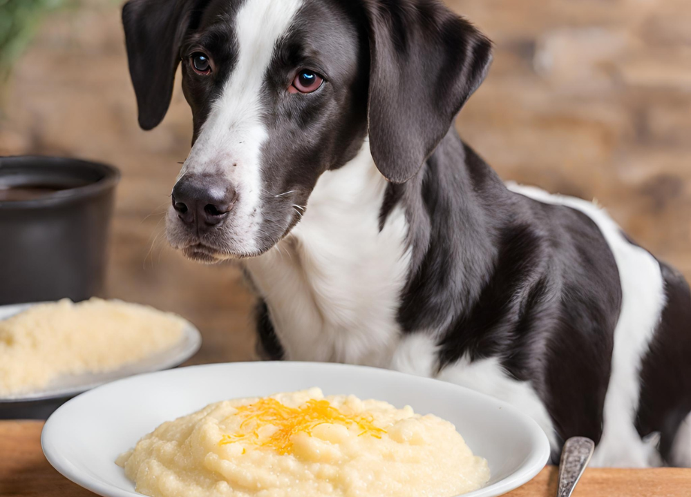 This image shows a black and white dog sitting at a table with a bowl of mashed grits. The dog has a happy expression on its face and is looking directly at the camera.