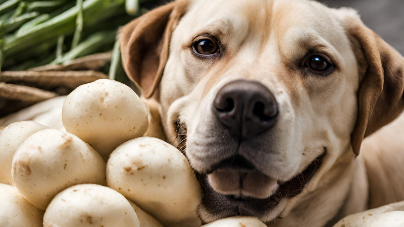 This image shows a large yellow labrador retriever dog sitting next to a pile of  jicama. The dog has a happy expression on its face and is looking directly at the camera. The  jicama in the background appear to be fresh and plump.