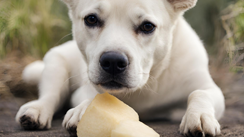 This image shows a white dog laying on the ground with a piece of jicama. The dog has a happy expression and appears to be enjoying the cheese. The background is a mix of dirt and grass.