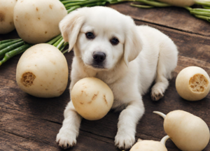This image shows a small white puppy sitting on a wooden surface surrounded by several jicama.The potatoes in the background appear to be fresh and unpeeled. The overall tone of the image is warm and inviting.