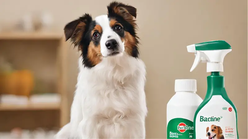 This image shows a dog sitting in front of a counter with a bottle of bactine next to it. The dog has a brown and white coat and is wearing a collar with a tag on it. 