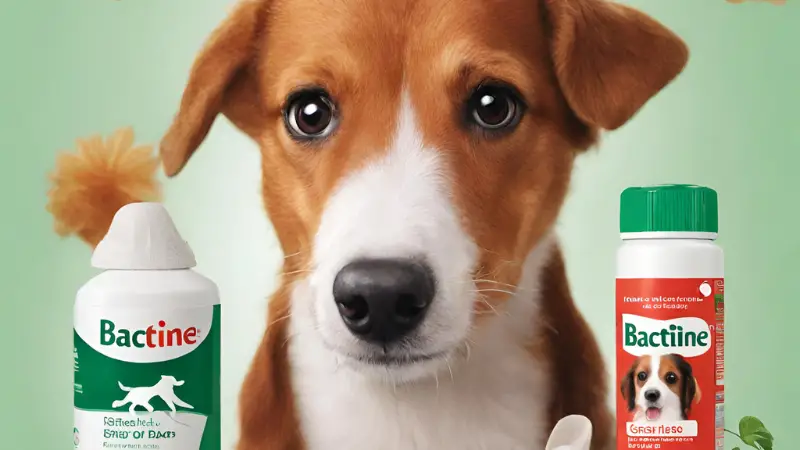 This image shows a small brown and white dog with a pink nose and brown eyes. There are two bottles of Bactine on either side of the dog. The background is a green and white checkered pattern.