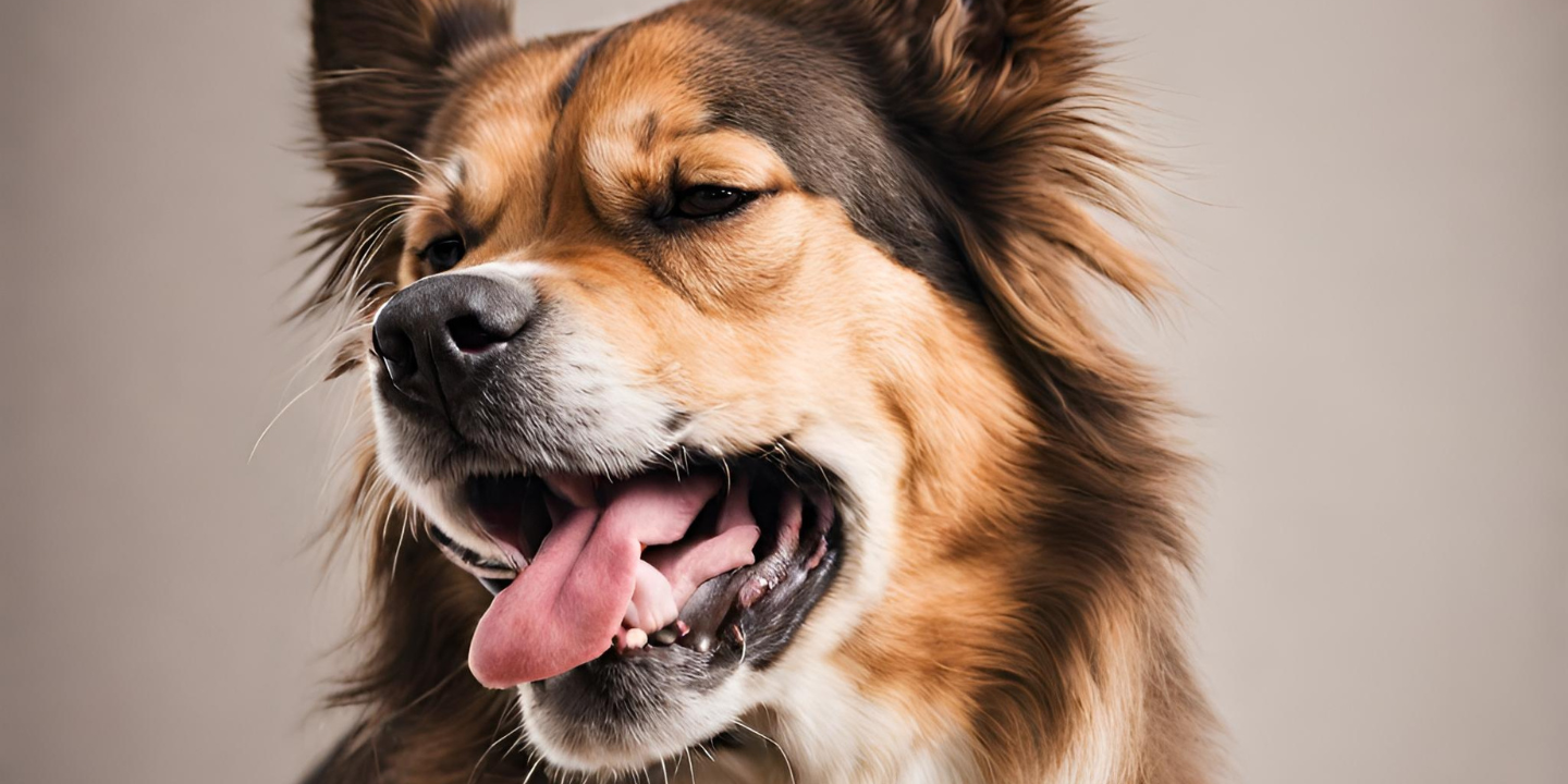 This image shows a large, brown and white dog with a long tongue sticking out of its mouth. The dog's ears are perked up and its tail is wagging. The dog's fur is fluffy and its eyes are bright and alert. The background is a light gray color.