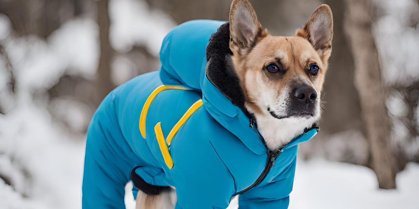 This image shows a dog wearing a blue and yellow jacket in the snow. The dog is standing in the snow and looking up at the camera. The jacket has a hood and zipper on the front. The dog's fur is fluffy and brown. The background is a forest with trees and snow on the ground.
