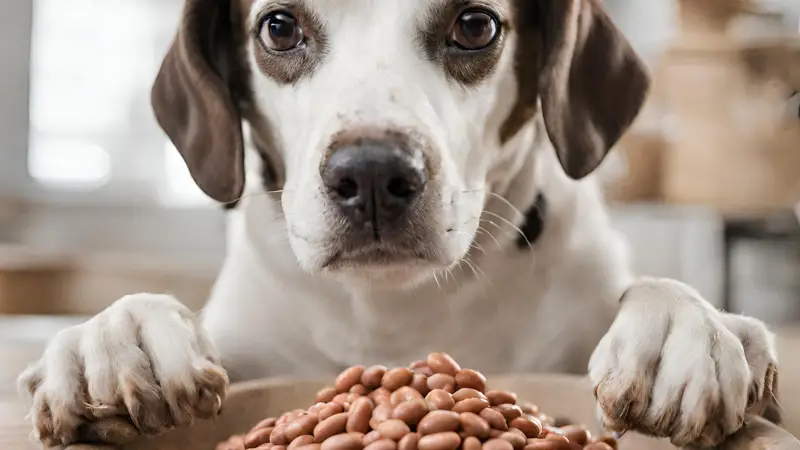 This image shows a brown and white dog sitting at a table with a bowl of Pinto Beans in front of it. The dog has a happy expression on its face and is looking directly at the camera. The background is a wooden table with a red and white checkered tablecloth on it.
