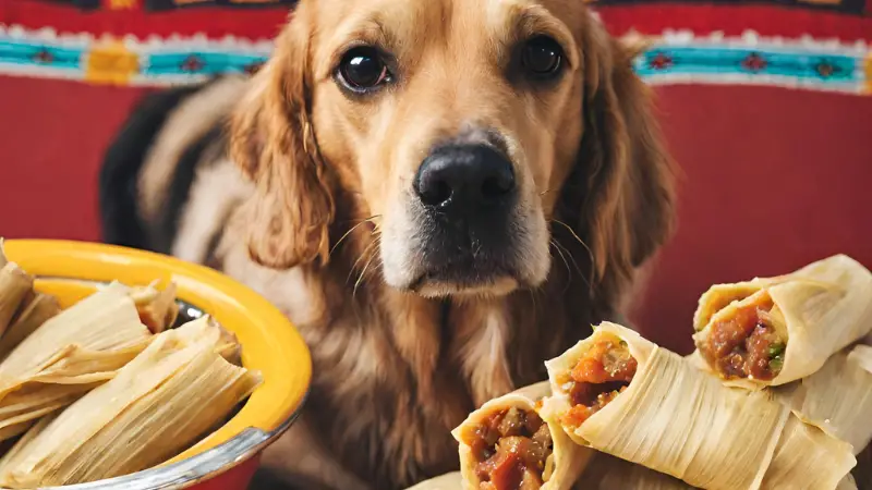 This image shows a dog sitting next to a plate of tamales, which are wrapped in corn husks and filled with meat or cheese. The dog looks happy and content as it gazes at the food in front of it. The background is a colorful tablecloth with a red and yellow pattern.