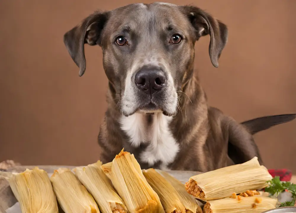 This image shows a brown and white dog sitting in front of a plate of tamales. The dog has a happy expression on its face and is looking directly at the camera. The plate of tamales is sitting in front of the dog and there are several pieces of sliced tomatoes and onions next to it. The background of the image is a wooden table with a brown cloth on it.