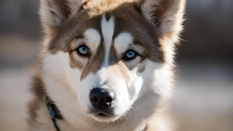 This image shows a Dog Husky Coyote Mix with blue eyes looking directly at the camera. The Husky Coyote Mix fur is a mix of brown and white, and it has a black nose and paws. The dog is wearing a blue collar with a tag on it. The background is a mix of dirt and grass.
