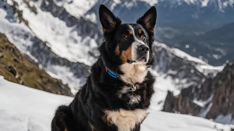 This is a black, white, and brown mountain dog sitting on top of a snowy mountain. The dog has a blue collar around its neck and is looking off into the distance. The background is a beautiful mountain range with snow covered peaks.