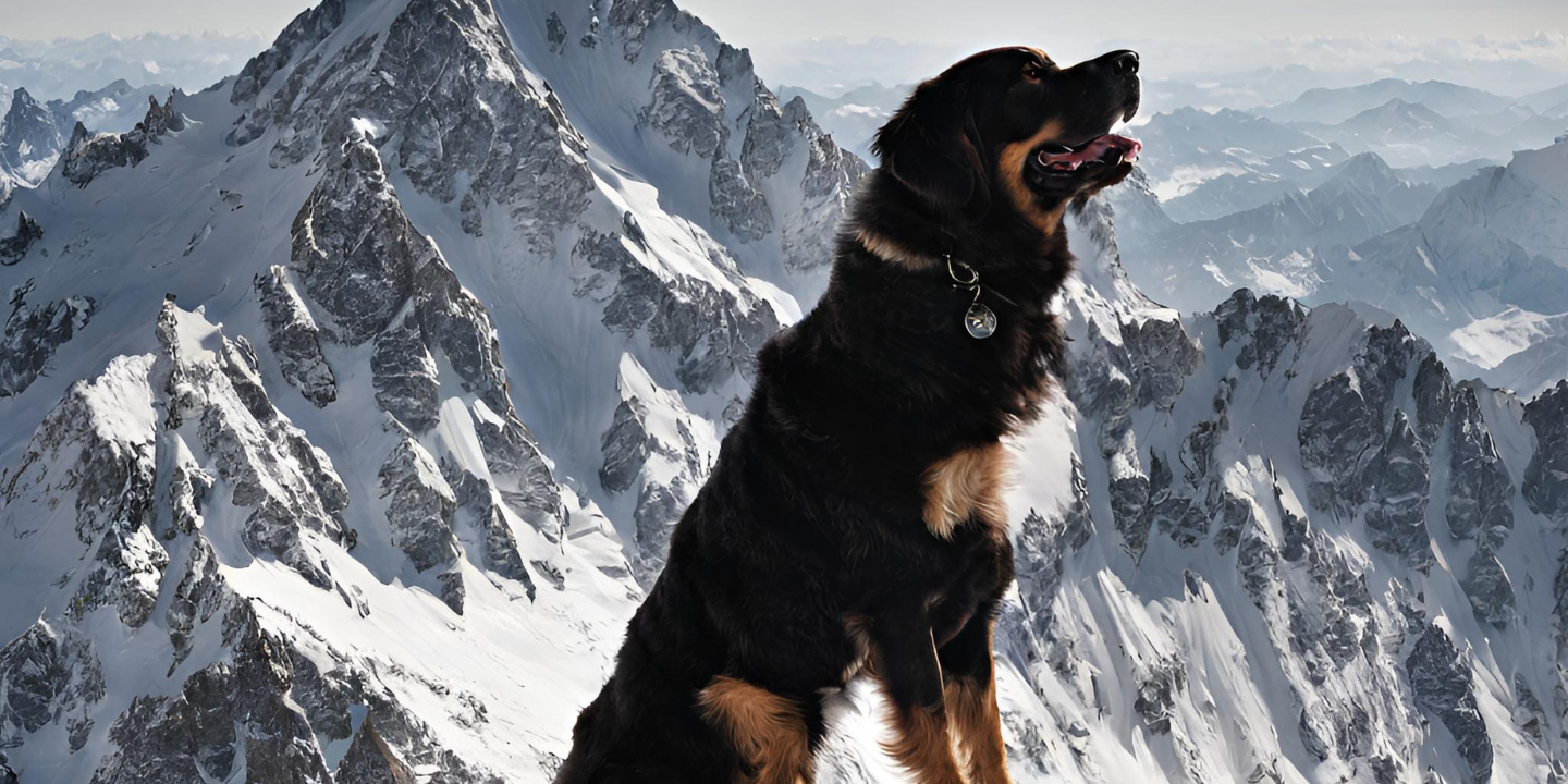 This image shows a large black mountain dog standing on top of a snowy mountain. The dog has its mouth open and is looking up at the sky. In the background, there are tall mountains with snow on them. The sun is shining down on the dog and the snow is glistening in the light.